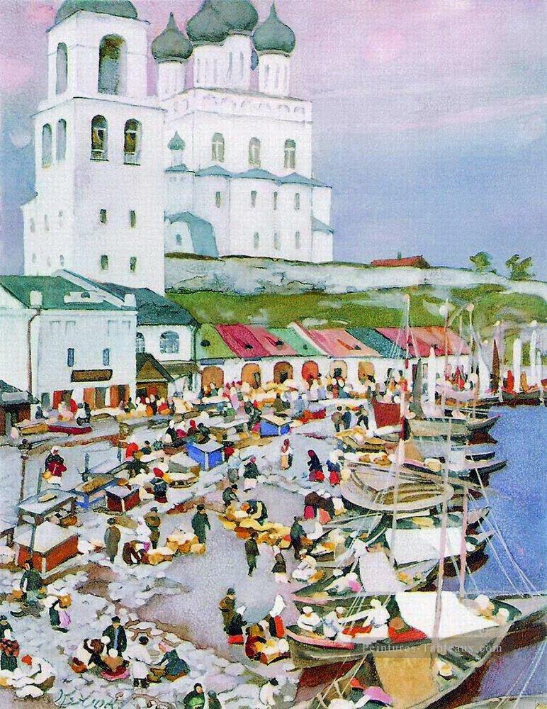 près de la pskov cathédère 1917 Konstantin Yuon scènes de la ville de paysage urbain Peintures à l'huile